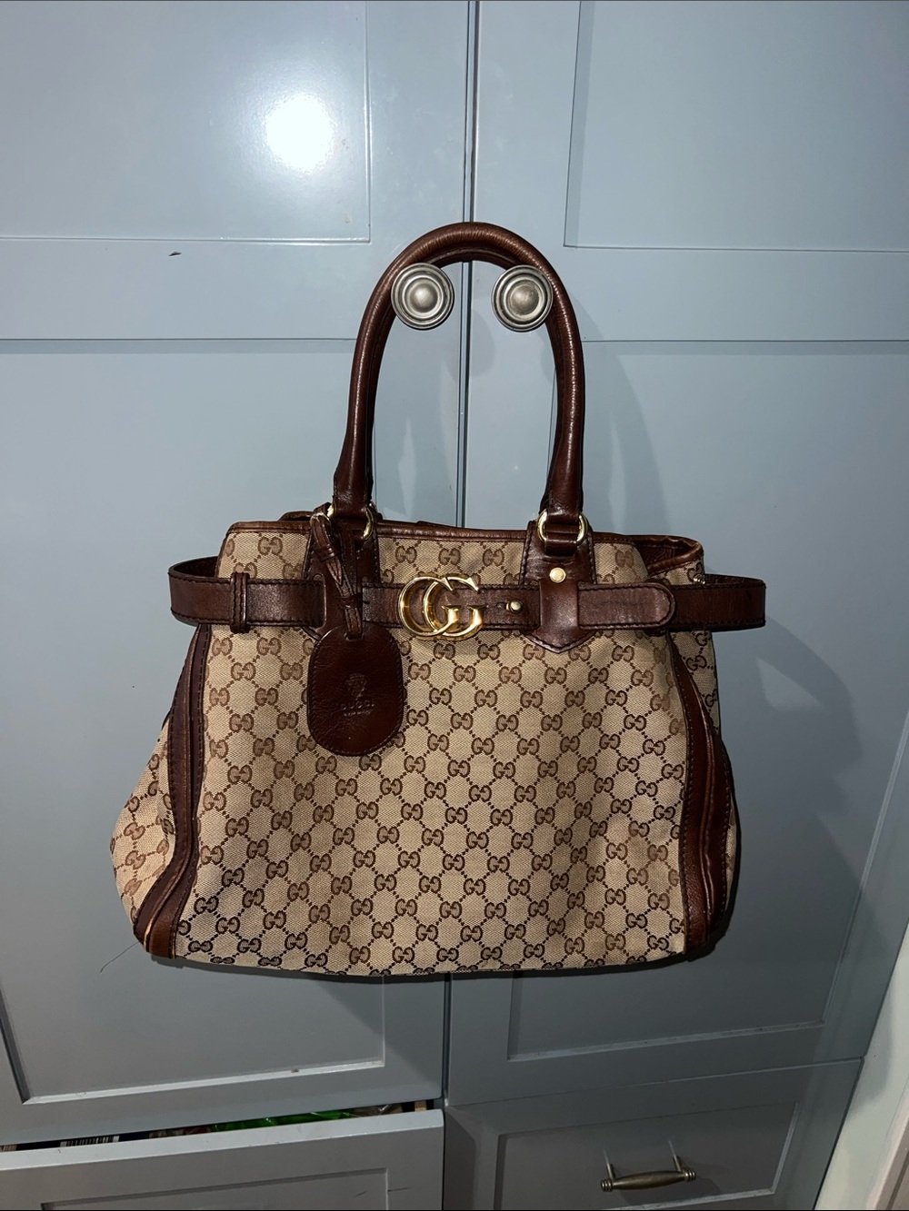 Gucci Brown GG Canvas Top-Handle Satchel with Gold Hardware